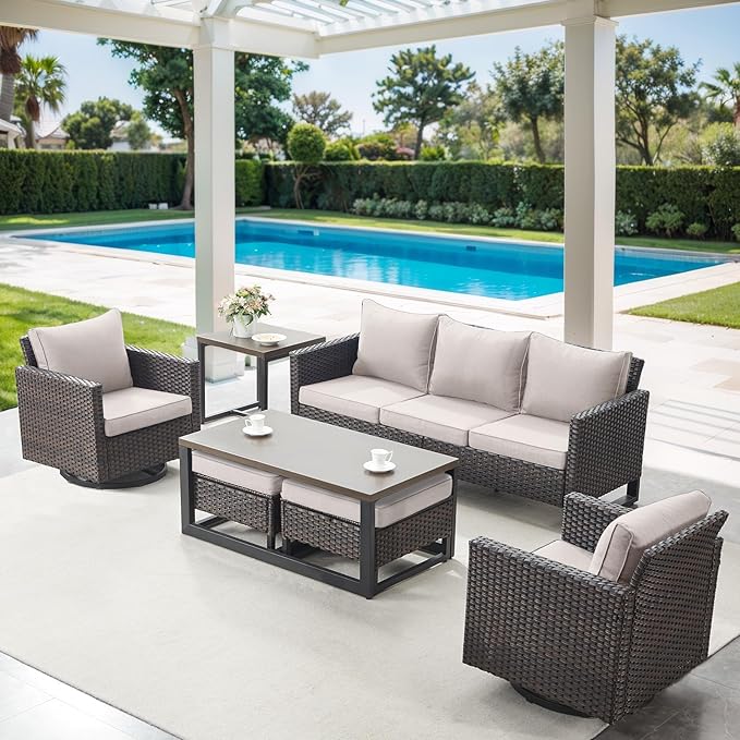 7 Piece Wicker Patio Furniture Set - Outdoor Swivel Rocker Chairs Set with Coffee Table, Side Table, 3 Seat Sofa & Ottomans, Small Patio Conversation Sets for Balcony Deck - Brown/Beige