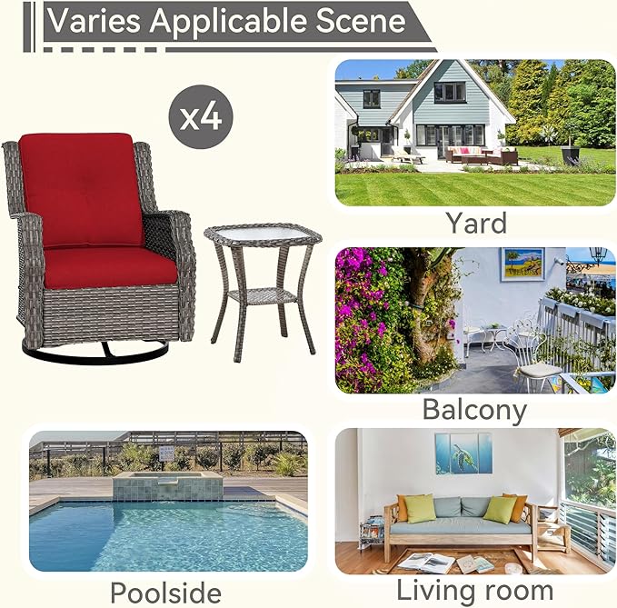 Patio Bistro Set 3 Pieces - Outdoor Swivel Rocker Patio Chair Set of 2 with Matching Tempered Glass Side Table, Cushion Included(Mixed Grey/Red)
