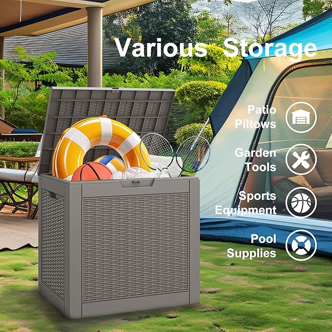 NUNU LAB 32 Gallon Resin Deck Box,Outdoor Indoor Waterproof Storage Box for Patio Cushions, Garden Tools, Pool Accessories,Backyard Storage Bin,Grey