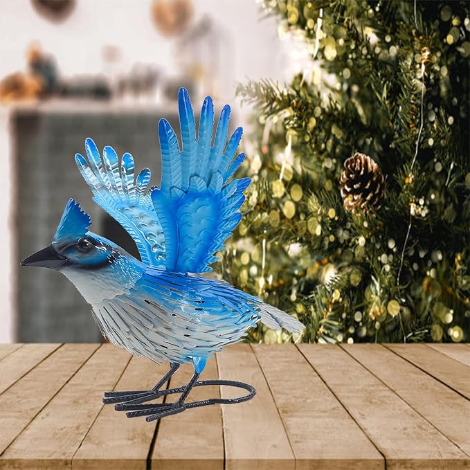 9.5" Blue Jay Garden Decor, Hand-Painted Metal Bird Sculpture, Weatherproof Yard Art for Patio, Farmhouse Spring Gift