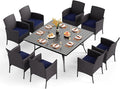 PHI VILLA 9 Pieces Square Outdoor Dining Set for 8, 60” Metal Iron Dining Table & Rattan Wicker Chairs with Cushions, Large Dining Furniture Set for Patio, Deck, Yard, Porch