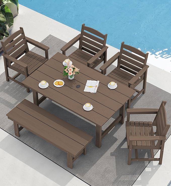 SERWALL 6-Person Outdoor Dining Table - 67" Rectangle HDPE Patio Table with Center Umbrella Hole, Weatherproof, Coffee