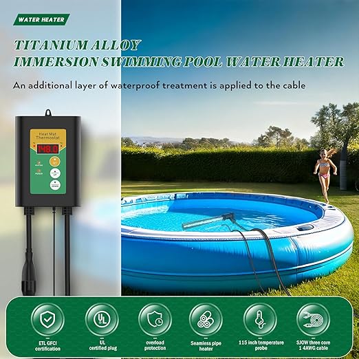 1500W Titanium Fully Submersible Portable Electric Immersion Large Pool & Hot Tub Water Heater with LCD Thermostat & GFCI Leakage Protection, Ideal for Baptistry, Bathtub, Bucket, Swimming Pool (GY)