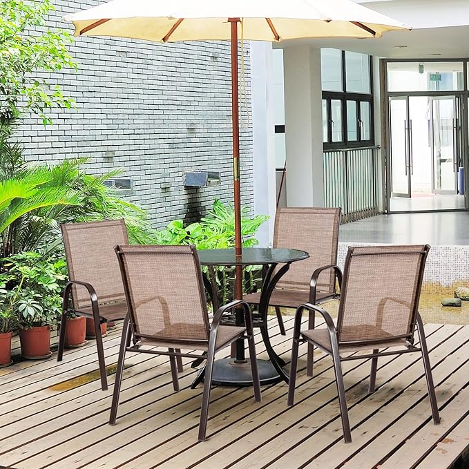 Tangkula 4 Piece Patio Dining Chairs, Outdoor Bistro Chairs W/Curved Armrests, Easy-to-Dry Fabric, Reinforced Steel Frame, Wide & Comfortable Camping Chairs for Garden, Poolside, Backyard (2, Brown)