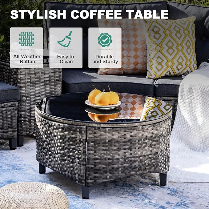 MEISSALIVVE 9 Piece Outdoor Patio Furniture Set, Half-Moon Curved Sectional Sofa Rattan Conversation Set with Wood Armrests, Coffee Table & Side Table（Grey）