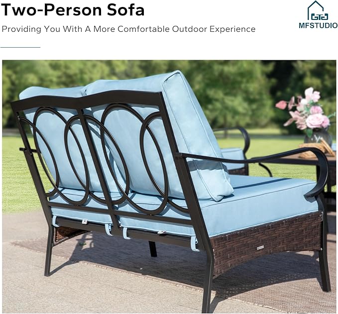 MFSTUDIO 4 Pieces Outdoor Patio Furniture Set, Metal Outdoor Conversation Set, Rattan Wicker Patio Sectional Sofa Set with 2 x Swivel Single Sofa, 2-Seat Sofa, 1 x Coffee Table, Blue