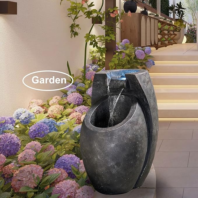 Backyard Water Fountain – 21.5” Tall Floor Standing Fountain, Indoor/Outdoor Modern Two-Tier Waterfall for Garden, Patio, or Yard Décor