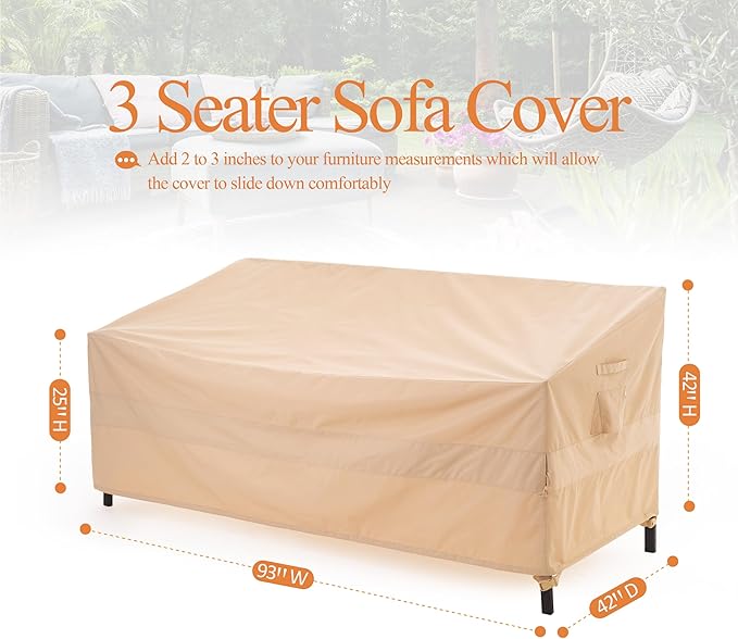 WJ-X3 3-Seater Patio Sofa Cover Waterproof, Heavy Duty Lawn Couch Cover UV Resistant, Porch Furniture Sets Cover Anti-Fading, High Wind Resistant, 93W x 42D x 42H Inches, Beige