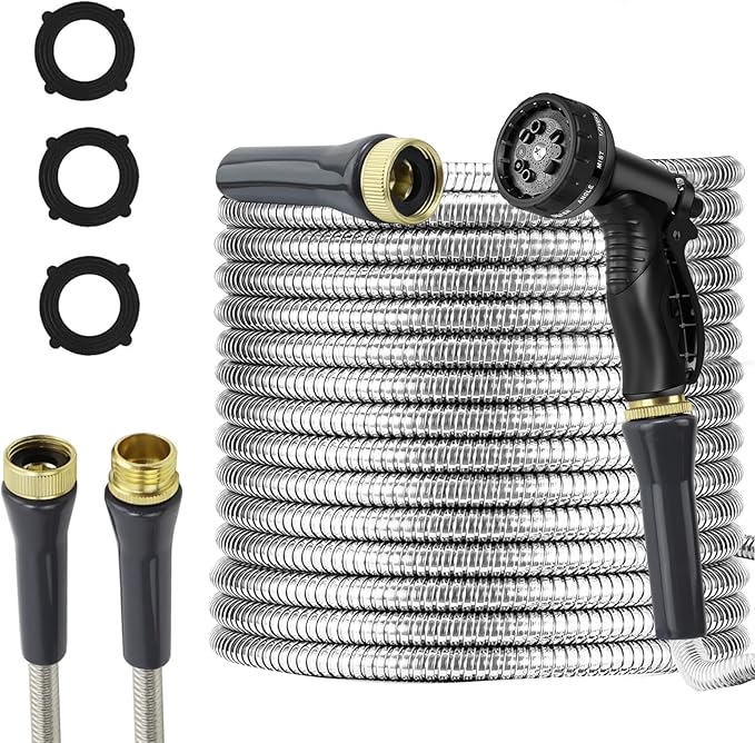 Stainless Steel Garden Hose 50ft Heavy Duty Metal Water Hoses with 10 Function Water Hose Nozzles for Yard Outdoor