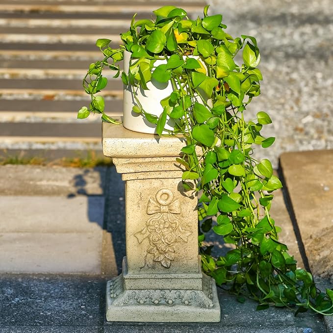 19" Tall Garden Pedestal Stand with Bow Design, Heavy Duty Magnesium Oxide Plinth, Weatherproof Outdoor Pedestal for Sculptures, Flower Pots, Decor – Sturdiness Plinth Base Statue Riser