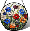 Stained Glass Suncatcher, Colorful Flowers Green Leaf Sun Catcher Landscape Stain Glass Window Hanging Decoration Mother's Day Birthday Gifts for Women Men Mom Nana 9.8 in