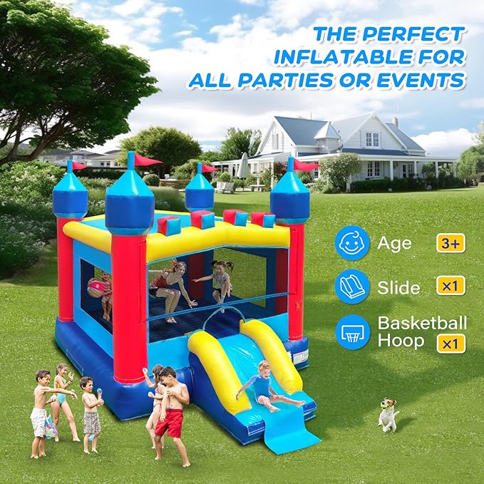 JOYMOR Commercial Inflatable Bounce House with Slide for Adults and Kids, Support 500lbs Capacity, 100% PVC Vinyl Bounce House for Big Kids Outdoor- Includes Blower, Repairing Kit and Storage Bag