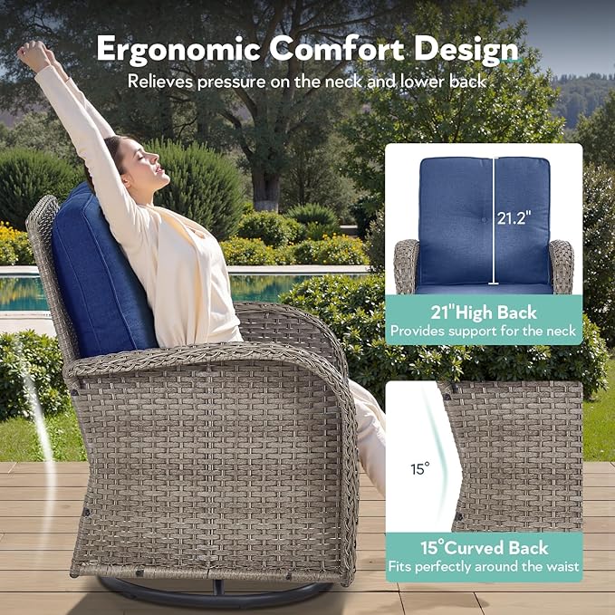7 Piece Patio Furniture Set with Fire Pit Table - Wicker Patio Conversation Set with 4 Swivel Glider Chairs and 2 Tempered Glass Side Tables for Deck Backyard - Grey Wicker Blue Cushion