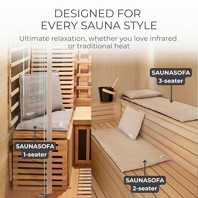 SAUNASOFA™ Sauna Mat & Pillow Set – 1 person sauna seat cushion and pillow for infrared and finnish sauna – heat-resistant sauna kit in taupe