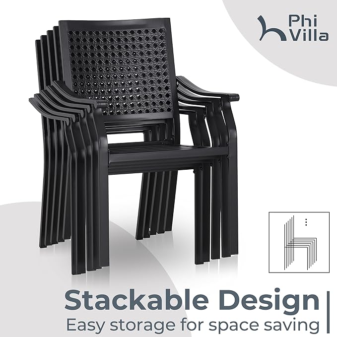 PHI VILLA 7 Pieces Outdoor Round Dining Set for 6, Large Wrought Iron Dining Table with Umbrella Hole & Stackable Metal Chairs, Dining Furniture Set for Patio, Deck, Yard, Porch