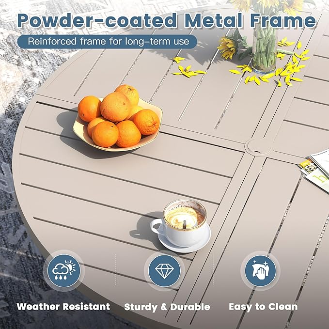 DIFY 53.1" Round Outdoor Patio Dining Table for 6-8, All-Weather Metal Steel Slatted Patio Table with 1.57" Adjustable Umbrella Hole, for Lawn Garden Porch Backyard, Sandshell