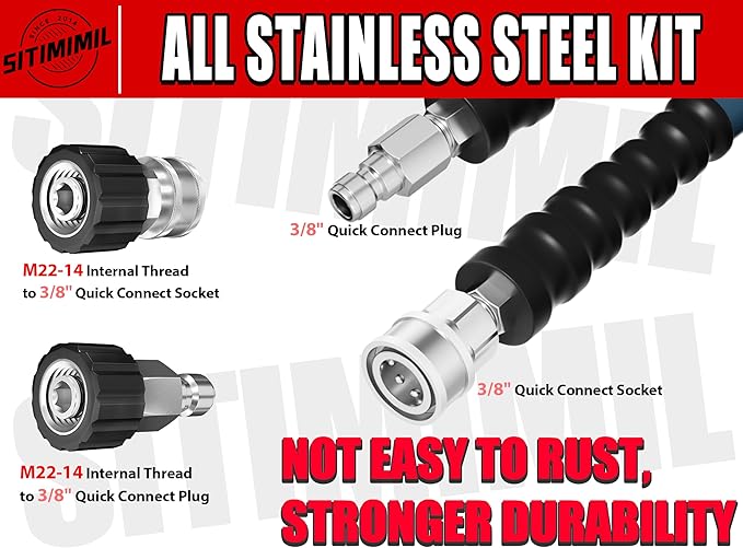 150 FT Pressure Washer Hose 3/8'' - Kink Resistant Steel Wire Braided, Wear Resistant, 3/8" Stainless Steel Quick Connect, with M22 14mm Adapter Set, Hot and Cold Water Power Washer Hose, 4200 PSI
