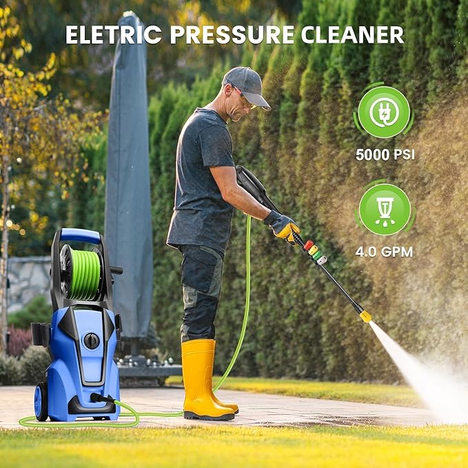 Pressure Cleaner Adjustable 5000PSI 4.0 GPM High Power Cleaners with 33ft Hose Reel, 4 Nozzle and Foam Cannon, Power Cleaners Machine for Home, Cars, Patio (Navy Blue)