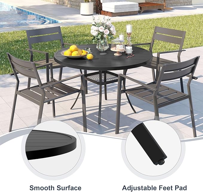 VICLLAX 40.6" Round Metal Outdoor Dining Table for 4, Patio Table with Umbrella Hole and Storage Shelf for Garden, Lawn, Deck, Black