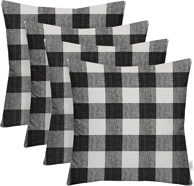 RSH DECOR: Square Throw Pillows Set of 4 | 17” x 17” | All-Weather Spun Fabric | Water and Fade-Resistant | Outdoor Accent Pillows for Patio Furniture | Black Buffalo Plaid