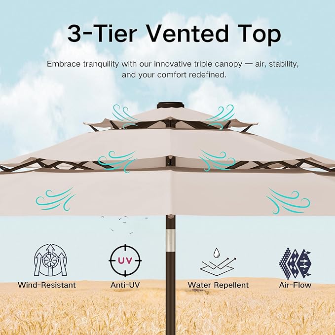 Kingdura 10ft 3-Tier Patio Umbrella, Outdoor Table Umbrella with Easy Crank & Tilt, 8 Reinforced Ribs, UV Protection for Deck, Pool, Market, Backyard (Beige)