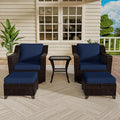 Vista Vibe 5 Pieces Outdoor Rattan Patio Conversation Furniture Set - 360 Degree Swivel Glider Rocker Chairs | Coffee Table | 2 Wicker Ottomans, Premium & Washable Cushions, Terrace (Brown/Navy)
