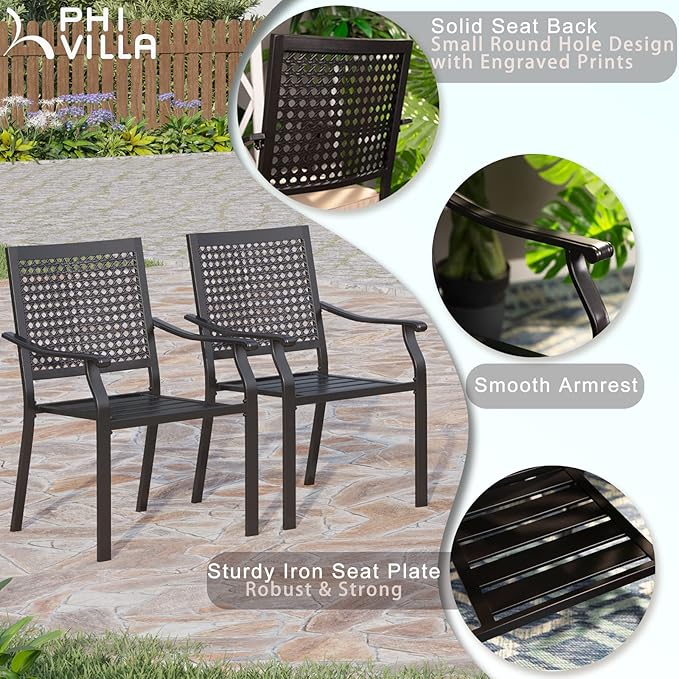 PHI VILLA 5-Piece Outdoor Meal Set for 4: Square Wrought Iron Table & Stackable Chairs, Heavy-Duty Dining Furniture for Patio, Deck, Backyard, Porch