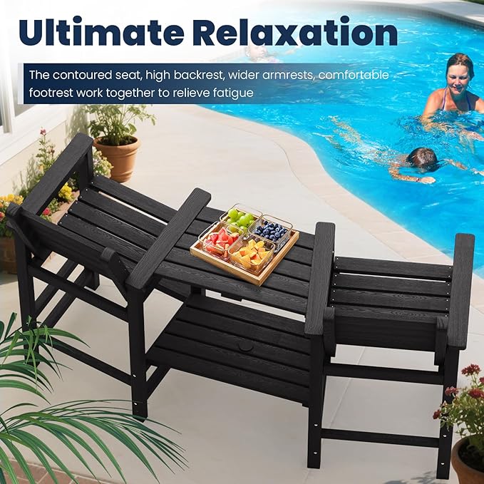 Tall Adirondack Chairs Set of 2, All Weather HDPE Poly Bar Height Balcony Adirondack Chair with Removable Double Connecting Trays, Outdoor Adirondack Barstools for Deck, Patio, Yard, Pool, Lawn