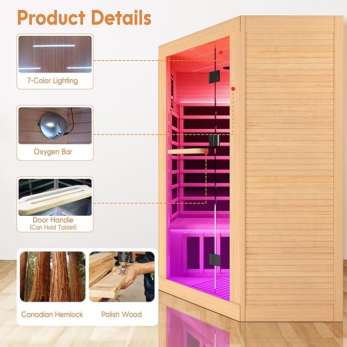 Sauna Room Far Infrared Saunas Home 1 to 3 Person Canadian Hemlock 2180W Low-EMF Dry Sauna with Oxygen Bar/7 Color Therapy/9 Heating Plates/Control Panel/Speakers 20-Year Aftersale