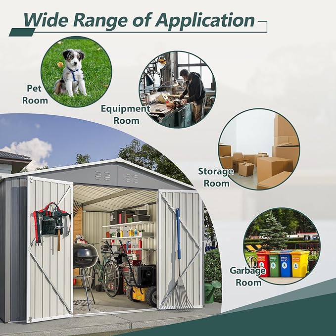 10×10 FT Outdoor Storage Shed,Metal Aluminum Waterproof Tool Sheds with Doors and Vents,Heavy-Duty Sheds Unit W/Lock and Key,for Storing Bicycles,Lawnmowers,Barbeques,Gray