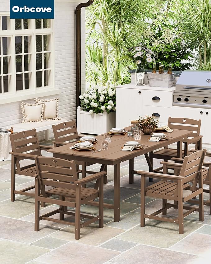 HDPE 2-Piece Outdoor Dining Chairs, Weather-Resistant Heart-Cutout Design Patio Dining Chairs, Outdoor Furniture for Lawn, Patio, Porch, Deck, Poolside, Yard (Teak)