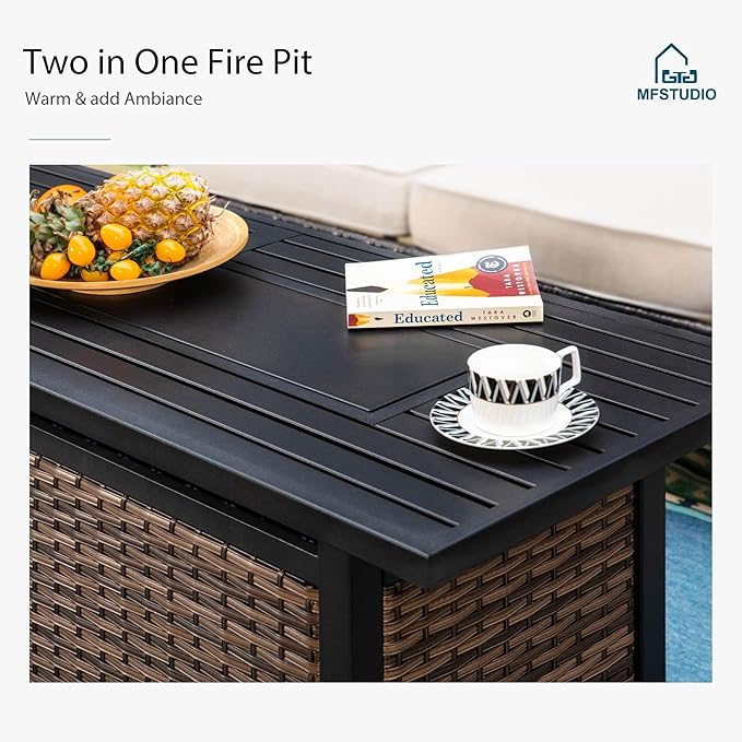 MFSTUDIO 4 Pieces Outdoor Patio Furniture Set, Metal Outdoor Conversation Set, Rattan Wicker Patio Sectional Set with 2 x Swivel Single Sofa, 3-Seat Sofa, 1 x Fire Pit Table, Red