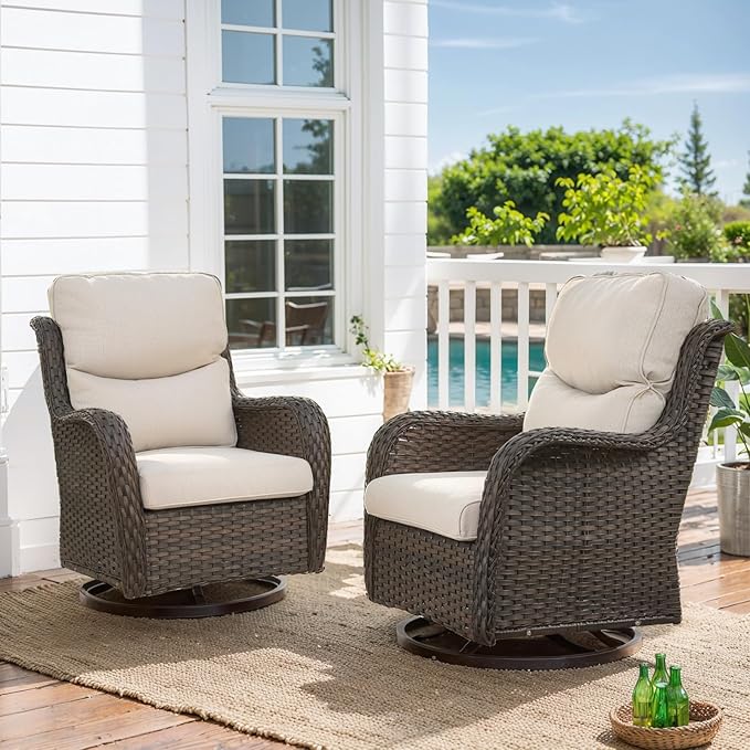 HUMMUH Wicker Patio Furniture High Back Swivel Rocker Patio Chairs Outdoor Bistro Set with Ottomans Side Table for Porch Garden Deck