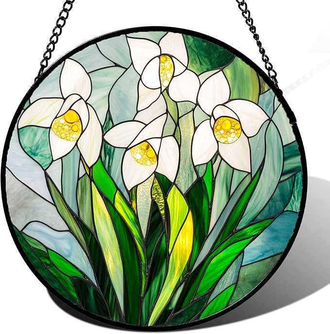 Stained Glass Window Hanging - White Snow Lotus Birth Flower Suncatcher for Doors Garden Patio Sun Catchers Decor Christmas Mother's Day Birthday Gifts for Women Men Mom Nana Friend 6.3 in