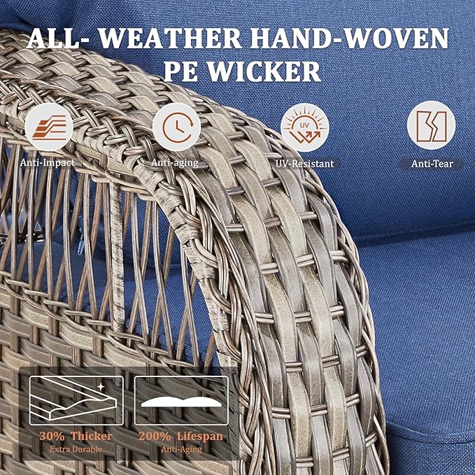 9 Pieces Patio Furniture Set Outdoor Sectional Sofa Couch with Rocking Swivel Chairs 5" Deep Seat Chairs, Modern Wicker Rattan Conversation Set, Blue/Gray Wicker
