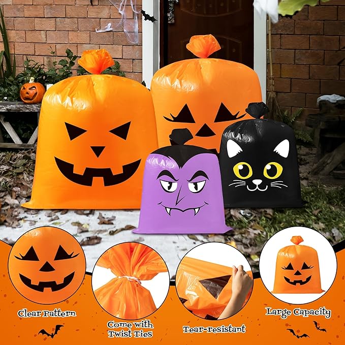 CNhoqc Halloween Lawn Leaf Bags - 8Pcs Halloween Theme Pumpkin Black Cat Ghost Mummy Patterns Waste Bags with Twist Ties, Large Grass Plastic Trash Container for Garden Outdoor Halloween Decorations
