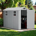 Greesum 4x8FT Plastic Outdoor Storage Shed with Floor, Resin Storaged Sheds with Lockable Door, Window & Vent, All-Weather Tool Sheds for Garden, Backyard, Patio, Light Gray (One-Piece Panel)