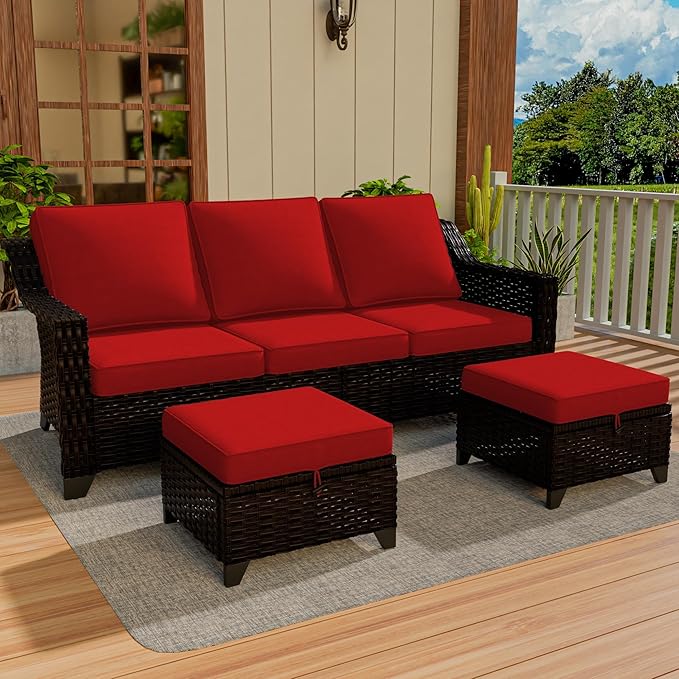 Vista Vibe 3 Pieces Outdoor Patio Conversation Furniture Set - 78" 3-seat Sofa | 2 Wicker Ottomans, Deep Seat Loveseat with Removable Cushions, Hand-Woven PE Rattan Couch, Lawn (Brown/Red)