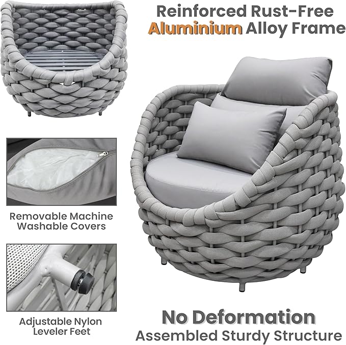 6 PCS Patio Deck Accent Chair: Large Woven Rope Chair Cushioned - Aluminum Modern Single Lounge Armchair Assembled - All Weather Outdoor Seating for 400lbs Lanai Balcony Porch Garden Hotel, Gray