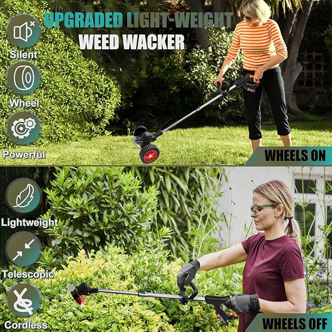 Cordless Weed Wacker Eater Electric Battery Powered, 21V Lightweight Weed Trimmer Edger Lawn Tool with 2Pcs 2000mAh Battery, 3 in 1 Stringless Grass Trimmer/Edger/Brush Cutter for Garden Yard Lawn