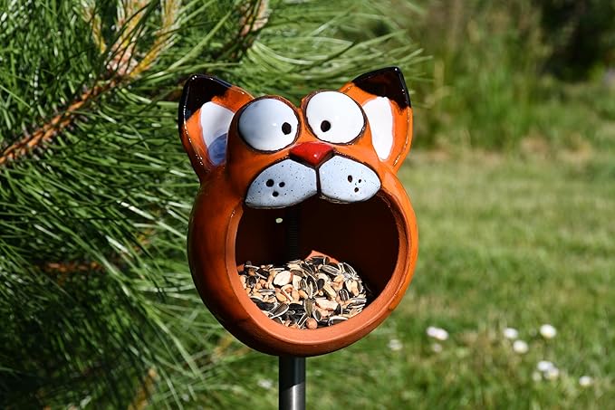 Ceramic Garden Decor - Cat Lawn stake - Bird Feeder - Outdoor statue - Perfect, unique gifts for gardeners woman, men - Handmade, Frostproof