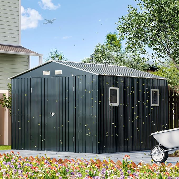 10X10X7.5 FT Outdoor Steel Storage Shed with Lockable Doors, 2 Windows, Frame Floor (No Wood/Other Boards), Ideal for Garden, Backyard, Patio Storage