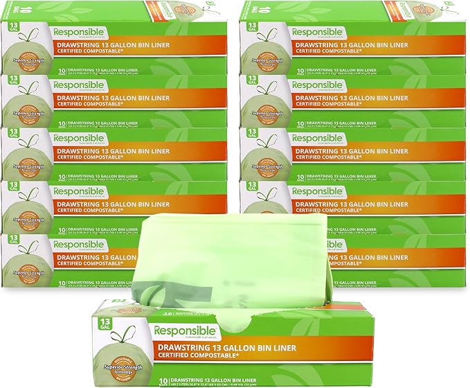 Responsible Products Kitchen Bin Liners, Certified Compostable, Heavy Duty Multipurpose Food Scrap Bags, Made from Compostable Materials (13 Gallon Drawstring, 13 Gallon (100 Count))