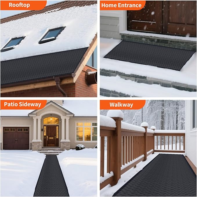 Snow Melting Mats for Roof Valley Walkways, 120V Outdoor Electric Heated Melting Snow Ice Removal, Roof Deicing System Black 15 in x 5 ft