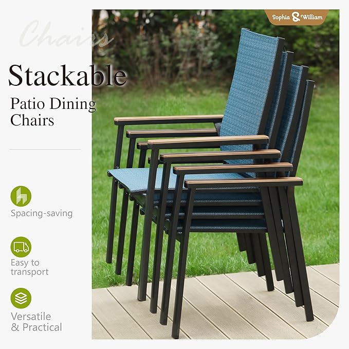 Sophia & William Outdoor Dining Set 7 Pieces, 6 Aluminum Stackable Chair for Space-Saving and 59" x 35" Patio Dining Table, Easy to Move for Outdoor Garden Lawn (Blue)