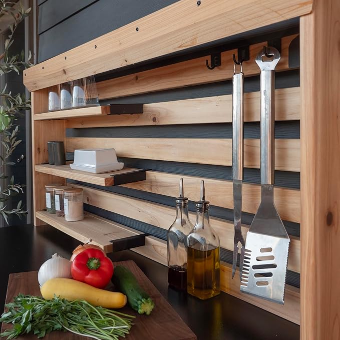 Backyard Discovery 48" Cedar Wood Buffet Hutch Serving Station with Galvanized Steel Countertop, Wine Rack, Wine Glass Rack, Trash Bin, Modular Shelves, Towel Bar, Drink and Food Prep, Indoor/Outdoor