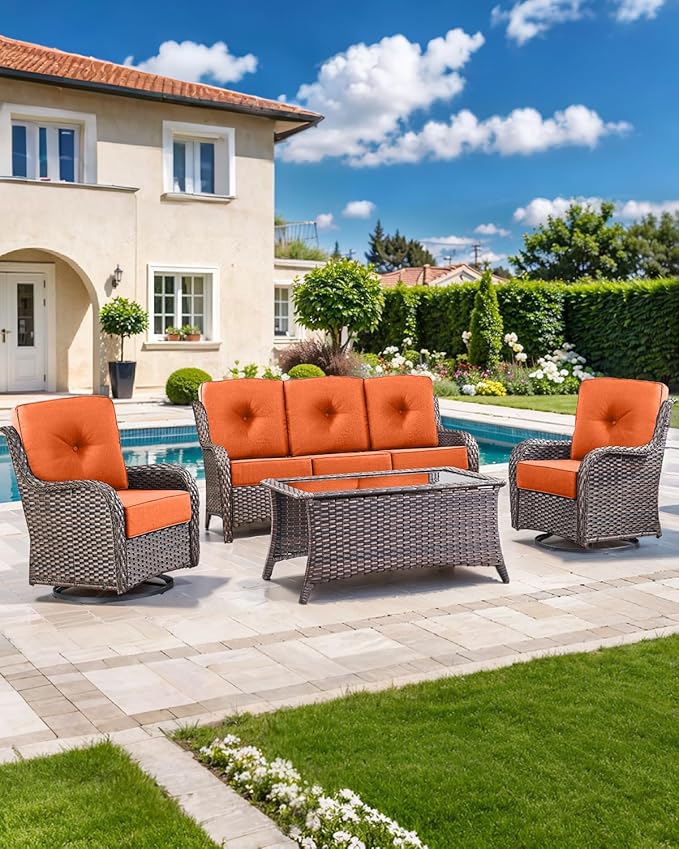 Luxury 22x24/22x25 6-Inch Outdoor Cushions - Water Repellent 1 Set Zippered Patio Chair Back&Seat Cushion for Wicker Dining Rocking Swivel Chairs Loveseat Couch Sectional Sofa - Orange