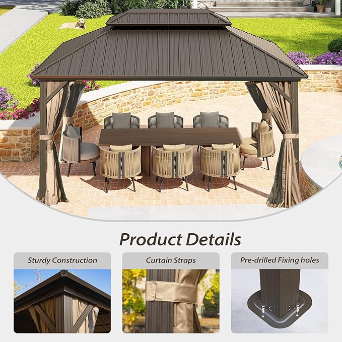 Domi 10'x14' Hardtop Gazebo Canopy, Outdoor Metal Gazebo with Galvanized Steel Double Roof,Curtain and Netting,Permanent Pavilion for Patio Deck,Backyard