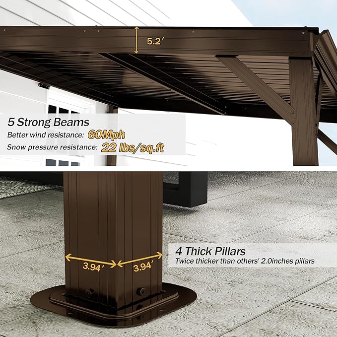 Domi 10'x10' Lean to Gazebo Hardtop, Expandable Wall Mounted Pergola with Gutters & Galvanized Steel Roof, 60MPH Wind Resistance, Outdoor Heavy Duty Metal Awning for Patio, Deck, Backyard - Brown
