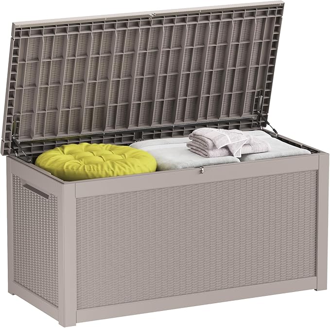 260 GallonOutdoor Storage Box,Resin Deck Boxes Waterproof, IndoorOutdoor Bin for Package Delivery, Patio Cushions, Gardening Tools, Lockable, UV Resistant